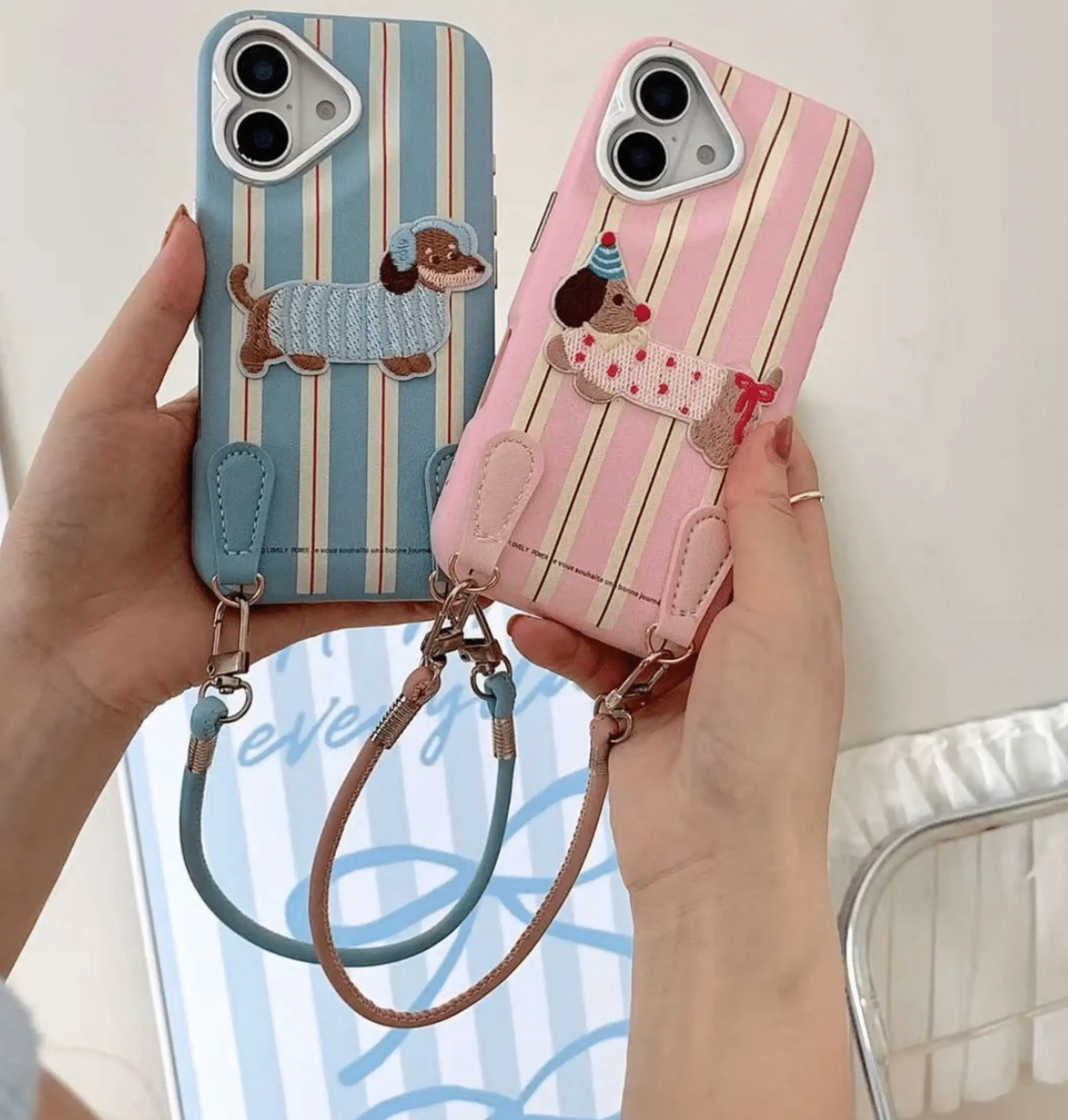 3D Embroidery Dog Stripes Case For iPhone With Hand Bracelet